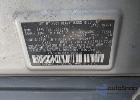 2014 Subaru Outback 2.5I Limited из США, поврежденный, VIN 4S4BRBMCXE3306428